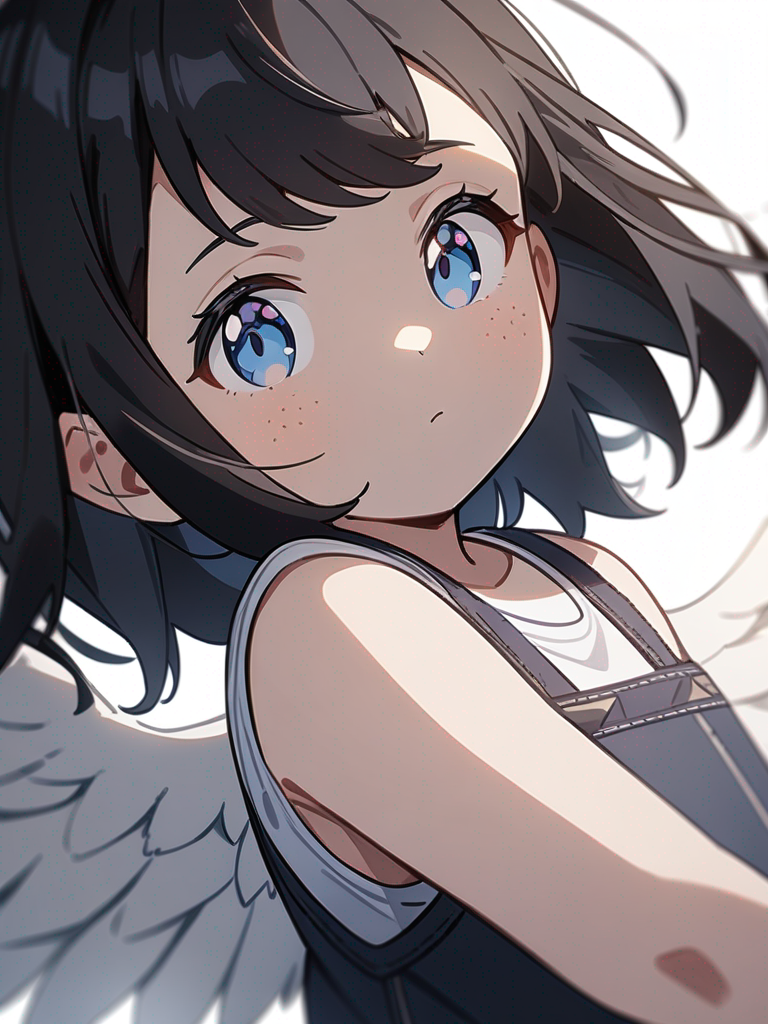 1girl, child, curvy, wolf cut, black hair, freckle blue eyes, fair skin, angel wings, single character, upper body, looking at viewer, anime style, simple background, white background