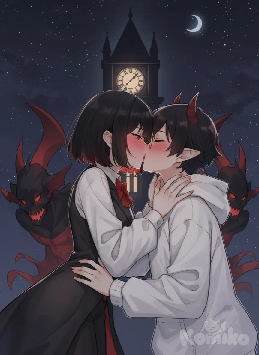 <AmikoMalice-c0b4>, <styx-hades-9KlV>, sketch, kissing, blush, open mouth, from below, night, clock tower
