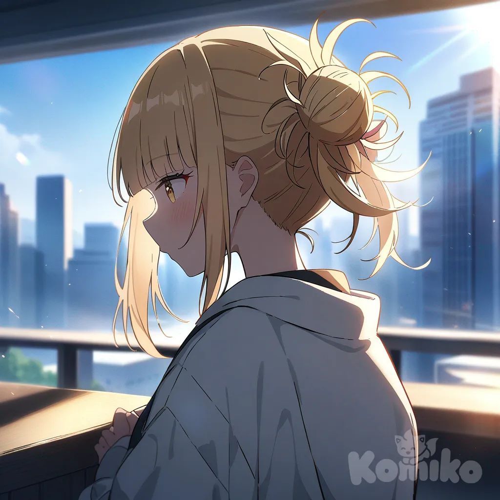 <himiko-CeGk>, upper body, sunlight behind, anime coloring, beautiful background, backlight, blue sky, cityscape, 1girl, toga himiko