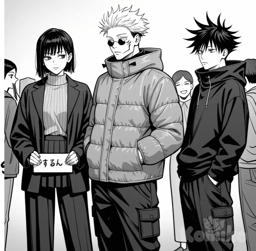 3people, Ryoumen Sukuna (Jujutsu Kaisen), Gojou Satoru, Fushiguro Megumi, Minecraft style, celluloid, monochrome, hands in pockets, holding sign, looking at phone, knitted cardigan, down jacket, raincoat, pleated skirt, cargo pants, day, gradient background