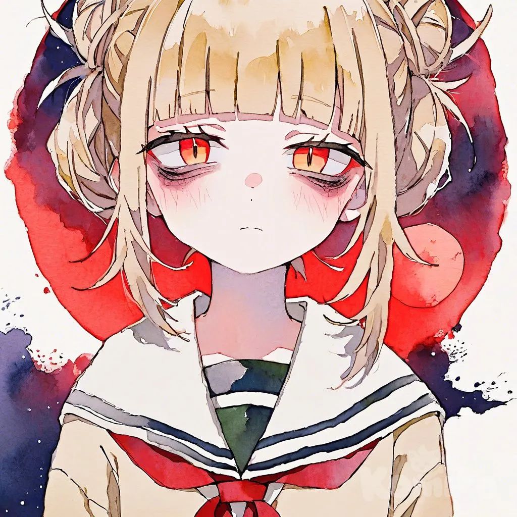 watercolor texture, white background, gradient colors, gradient watercolor, abstract background, toga himiko, 1girl, sidelocks, serafuku, slit pupils, school uniform, hair bun, blunt bangs, messy hair, narrowed eyes, cardigan, bags under eyes, neckerchief, double bun, in front of a red moon, night, red light from back