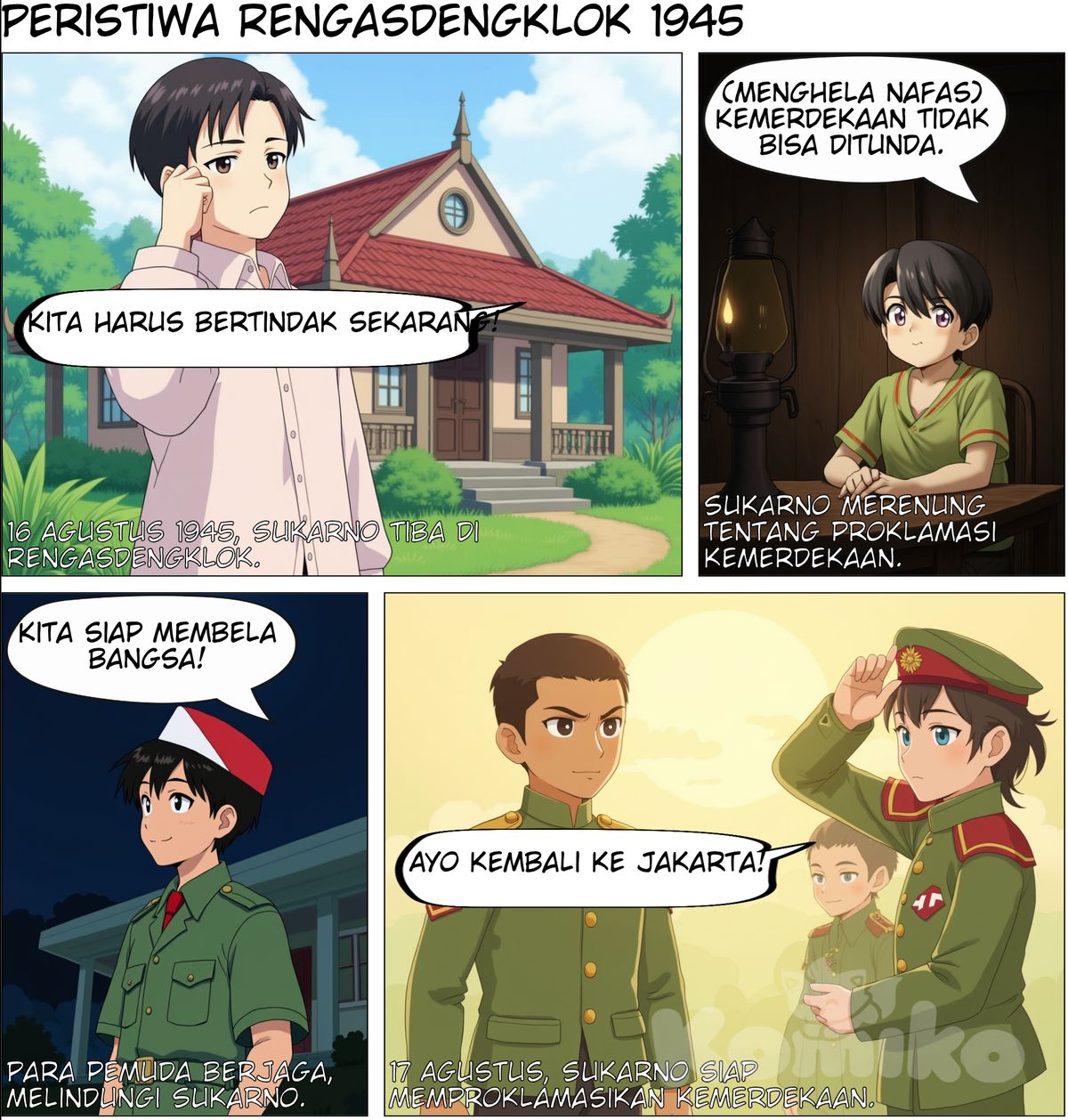 Buatkan saya cerita singkat tentang peristiwa Rengasdengklok indonesia dengan latar tahun 1945 dan orang indonesia