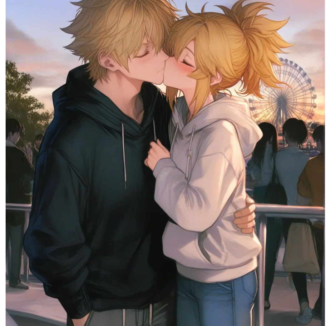 1boy and 1girl, 2people, [semi-realistic-portrait-style], kissing, blush, one eye closed, hoodie, casual pants, blonde hair, spiky hair, high ponytail, full body, twilight, blue sky, ferris wheel