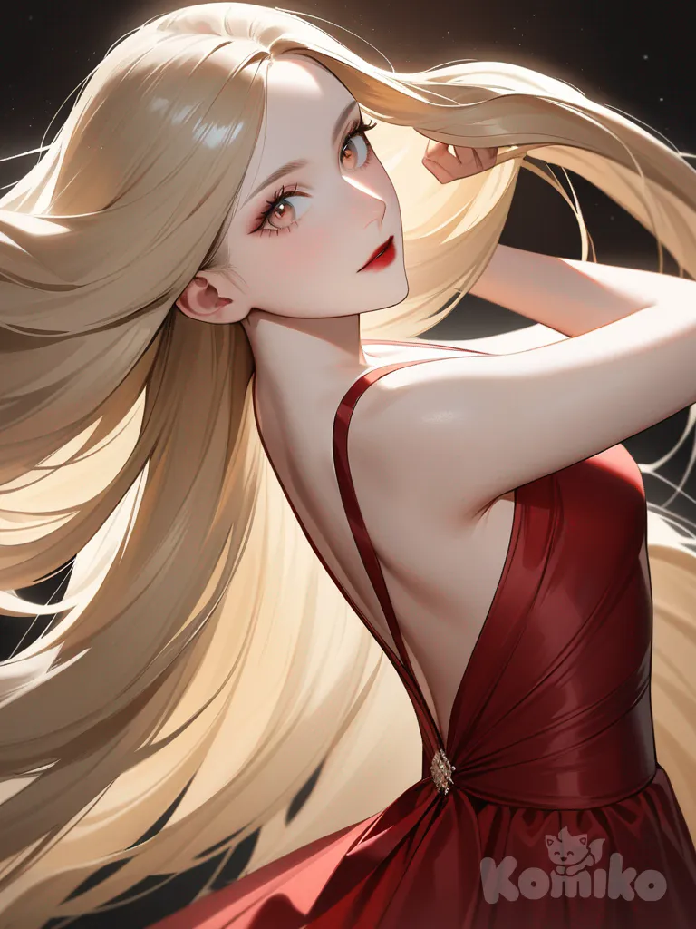 A captivating, lifelike portrait of a young woman exuding grace and sophistication, with her long, straight blonde hair flowing down her back. Her oval-shaped face has a small upturned nose and sparkling hazel eyes. She wears deep red lipstick, adding a touch of elegance. The young woman is dressed in a short, red dress that accentuates her curves and highlights her beauty. Su cabello luce liso y bien definido, con suaves notas musicales y el nombre "Luis Arcy" flotando suavemente alrededor de sus pies. representing the creative inspiration and musical essence behind this enchanting portrait.