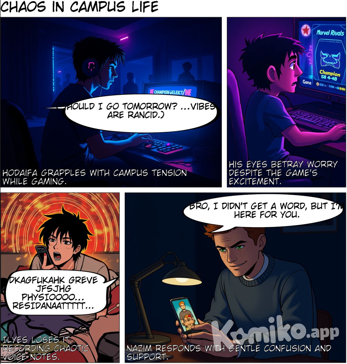 american style drawing, slightly Tall hair, Arab-looking Hodaifa in a dim dorm room, headset on, bathed in neon game light. He mashes buttons with intense focus, champion-select screen of Marvel Rivals glowing on his monitor. His eyes are troubled despite the rave-like energy of his room. Thought bubble: “Should I go tomorrow? …Vibes are rancid.” Background: faint silhouettes of tense Ziania hallways, professors missing, and “vanished” students fading like ghosts.

Panel 3 – “Ilyes Loses It”
Prompt:
In a messy Zeralda bedroom, Ilyes Boumlit (pale, tired features, manic energy) leans over his phone, recording an avalanche of voice notes. His mouth is wide open mid-yell, the speech bubble text chaotic and jagged: “DKAGFUKAHK GREVE JFSJHG PHYSIOOOO… RESIDANAATTTTT…” The background blurs into abstract chaos, like sound waves made of static and fire.

Panel 4 – “Nazim’s Gentle Confusion”
Prompt:
Tall ginger Nazim, seated at his desk at night, phone in hand, brows furrowed but smiling kindly. His profile picture on screen is a glowing Bouteflika icon. Text bubble: “Bro, I didn’t get a word, but I’m here for you.” His warm expression contrasts the madness of the previous panels, making him look like the calm in a very stupid storm.