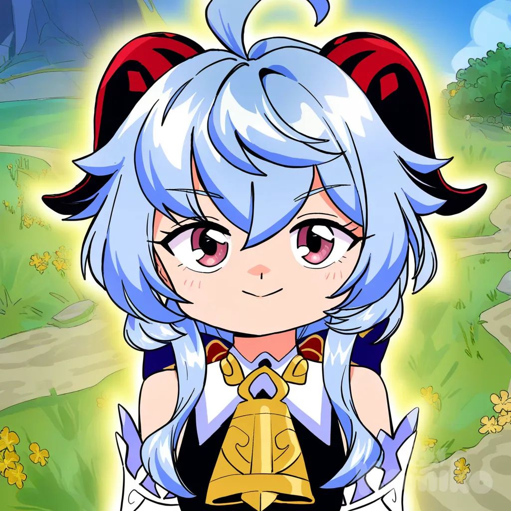 Ganyu (Genshin Impact), v sign, 1girl, blue hair, red horns, sleeveless, looking at viewer, fantasy, elegant, smiling, outdoors, background, [retro-anime-style]