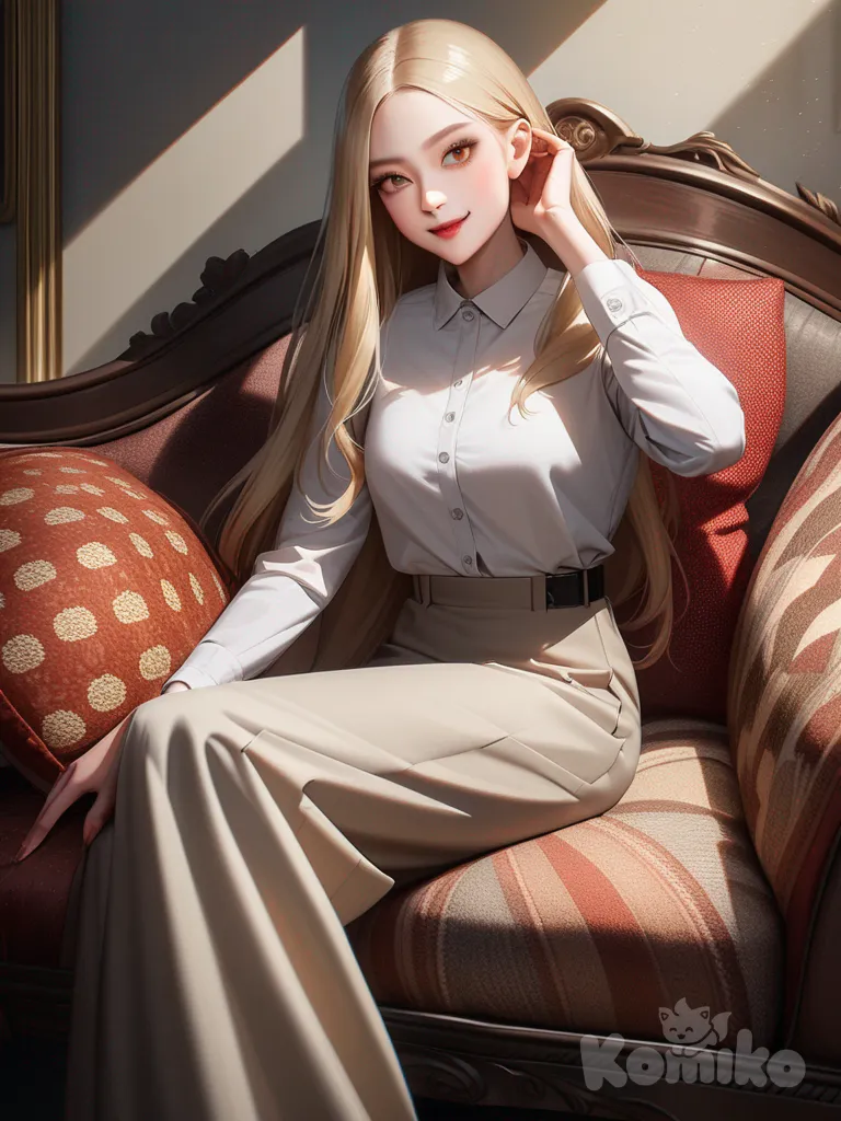 An ultra-photograph shows a full-length, athletic, beautiful, and slender 25-year-old woman with a realistic body. capturing a stunning woman stand with super-long, straight blonde hair Her brown eyes radiate confidence with a radiant smile . Está sentada en un suave sofá adornado con un cojín estampado y lleva un conjunto moderno compuesto por una blusa blanca y color miel. La paleta de colores presenta tonos negros, blancos y rosados, con detalles y sombreados intrincados. Su cabello luce liso y bien definido, con suaves notas musicales y el nombre "Luis Arcy" flotando suavemente alrededor de sus pies reflejando su pasión por la música y el arte.