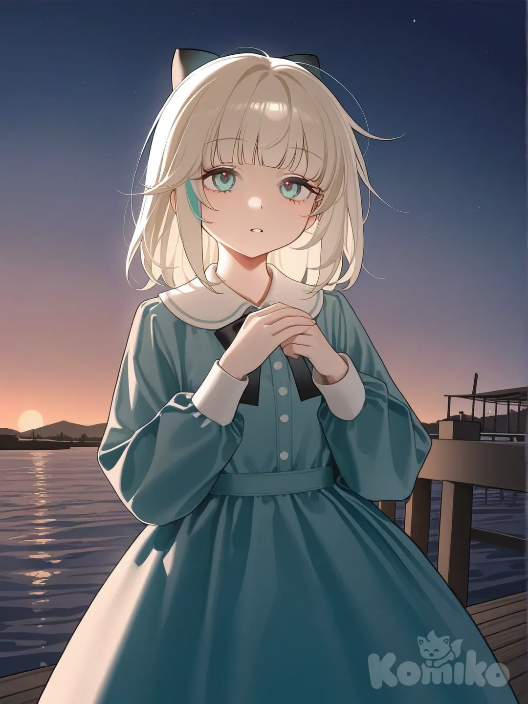 1girl, own hands together, aqua dress, hair bow, straight bangs, white blonde hair, aqua highlights, night, pier