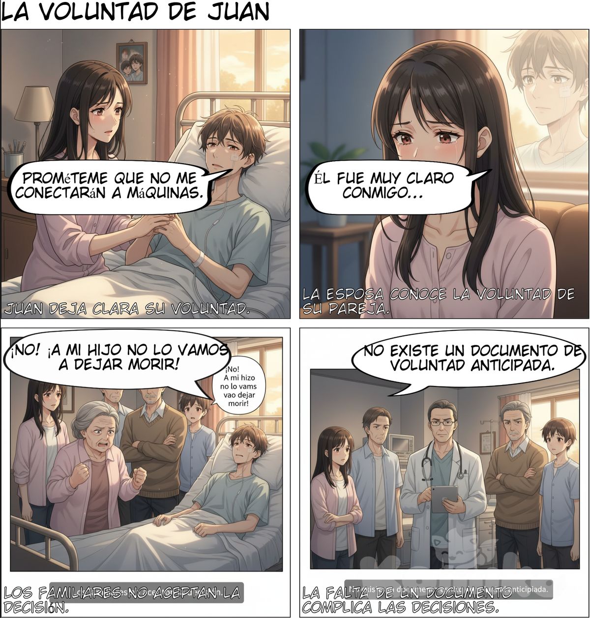 Escena: Juan en su cama, débil, tomando la mano de Matilde.
Personajes: Juan, Matilde.
Diálogo:
Juan: “Prométeme que cuando ya no pueda más, no me conecten a máquinas. Solo quiero estar tranquilo contigo y con Andrés.”
Narrador: Juan deja clara su voluntad.
Viñeta 2 – Matilde reflexiona
Escena: Matilde sola, con lágrimas en los ojos, recordando lo que él le dijo.
Personajes: Matilde.
Diálogo:
Matilde (pensando): “Él fue muy claro conmigo… yo sé lo que quería.”
Narrador: La esposa conoce la voluntad de su pareja.
Viñeta 3 – La familia en desacuerdo
Escena: Los padres y hermanos alrededor de la cama, con expresiones tensas.
Personajes: Madre, padre, hermanos, Matilde.
Diálogo:
Madre: “¡No! A mi hijo no lo vamos a dejar morir así. Exijo que lo atiendan con todo lo que haya.”
Narrador: Los familiares no aceptan la decisión.
Viñeta 4 – Médico aclara la situación
Escena: El médico frente a la familia, con expresión seria.
Personajes: Médico, Matilde, padres.
Diálogo:
Médico: “El problema es que no existe un documento escrito de voluntad anticipada. Legalmente debemos escuchar a toda la familia.”
Narrador: La falta de un documento complica las decisiones.
Viñeta 5 – Dilema ético en el equipo de salud
Escena: Pasillo del hospital, médicos y enfermera conversando con preocupación.
Personajes: Enfermera, médico.
Diálogo:
Enfermera: “Reanimarlo solo aumentará su sufrimiento.”
Médico: “Pero la familia insiste, y nos presionan para trasladarlo a UCI.”
Narrador: Surge un conflicto ético entre prolongar la vida o respetar la dignidad.
Viñeta 6 – Objeción de conciencia
Escena: Enfermera discutiendo con gesto de frustración.
Personajes: Enfermera.
Diálogo:
Enfermera: “Esto no es cuidado, es prolongar la agonía de un paciente sin posibilidades de recuperación.”
Narrador: Parte del equipo rechaza la decisión.
Viñeta 7 – Exigencia del padre
Escena: Padre alterado, levantando la voz.
Personajes: Padre, médico.
Diálogo:
Padre: “¡Exijo que lo lleven a UCI! No lo dejen morir en casa como si nada.”
Narrador: La presión familiar aumenta.
Viñeta 8 – Ingreso a UCI
Escena: Juan intubado y conectado a monitores en la UCI.
Personajes: Juan, personal de salud.
Narrador: “Juan fue intubado e ingresó a la UCI. Iniciaba así la fase de agonía avanzada.”
Viñeta 9 – Signos de agonía
Escena: Primeros signos visibles: cianosis, respiración asistida, fármacos.
Personajes: Juan, enfermera observando.
Narrador: “Cianosis, respiración artificial sin respuesta, dependencia de vasopresores. El cuerpo mostraba el final inevitable.”
Viñeta 10 – Dolor de Matilde
Escena: Matilde junto a la cama, sosteniendo la mano de Juan.
Personajes: Matilde, Juan.
Diálogo:
Matilde (llorando): “Esto no es lo que él quería… él quería paz, no máquinas.”
Viñeta 11 – La úlcera terminal
Escena: Enfermera mostrando la lesión a la familia.
Personajes: Hermana, enfermera.
Diálogo:
Hermana: “¡Miren esa llaga! No lo cuidaron bien.”
Enfermera: “No es descuido, es una úlcera terminal de Kennedy, signo del proceso natural de muerte.”
Viñeta 12 – Comunicación difícil
Escena: Discusión frente a la cama de Juan.
Personajes: Matilde, padre, médico.
Diálogo:
Matilde: “Les suplico que respeten lo que él pidió: no más tubos ni procedimientos invasivos.”
Padre: “¡No puedo aceptar que lo dejen morir así!”
Viñeta 13 – Mediación del médico
Escena: Médico hablando con firmeza frente a la familia.
Personajes: Médico, padres, Matilde.
Diálogo:
Médico: “Entiendo su dolor, pero los tratamientos ya no cambian el desenlace. Solo alargan su sufrimiento.”
Viñeta 14 – El desenlace
Escena: Monitor plano, Matilde abrazando a Andrés, los padres cabizbajos.
Narrador: “Juan falleció en la UCI, conectado a las máquinas, sin que su voluntad fuera plenamente respetada.”
Viñeta 15 – Reflexión final
Escena: Fondo con velas encendidas y mensaje escrito.
Narrador: “La ausencia de voluntad anticipada llevó a un final con más dolor. El cuidado paliativo busca dignidad y calidad de vida, no prolongar la agonía.”