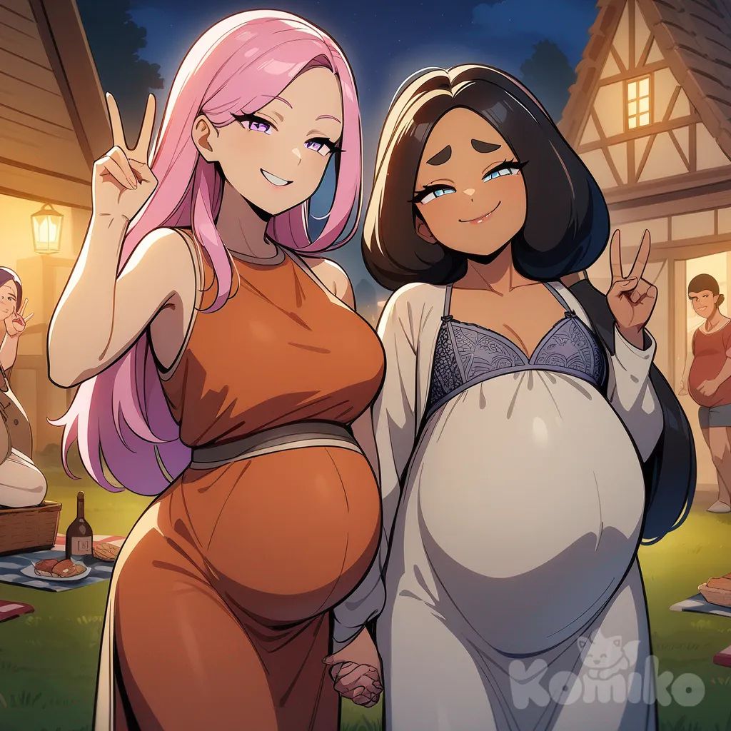seductive pose, wearing lingerie, teasing smile, anime_style, colorful hair, ultra-2girls, 1boy, parwana and shauzia the breadwinner, pregnant,nordic boy , American comic style, v sign, picnic, holding hands, smirk, village, night, ambient light