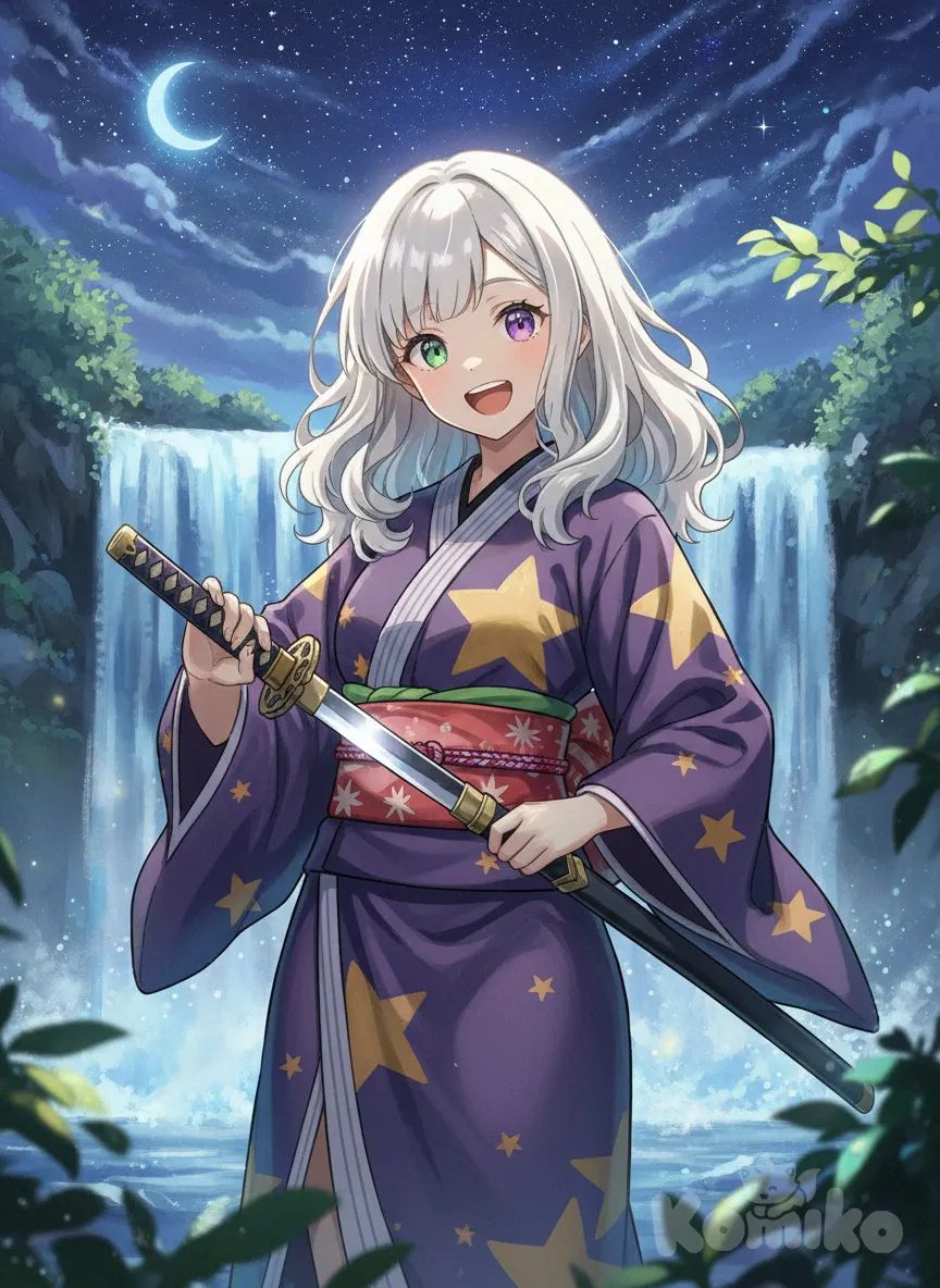 1girl, <tsukiyomi-yuzuki-uwjv>, anime coloring, oil-pasto style, holding sword, head tilt, laughing, full body, portrait, twilight, waterfall, starry sky