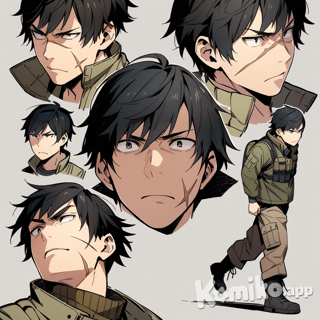 portrait, full body, a young Asian man, early 20s, with a lean and athletic build, short black hair, sharp and intelligent eyes, a serious expression, a subtle scar on his cheek, wearing a layered and worn-out tactical jacket, cargo pants, and sturdy boots.