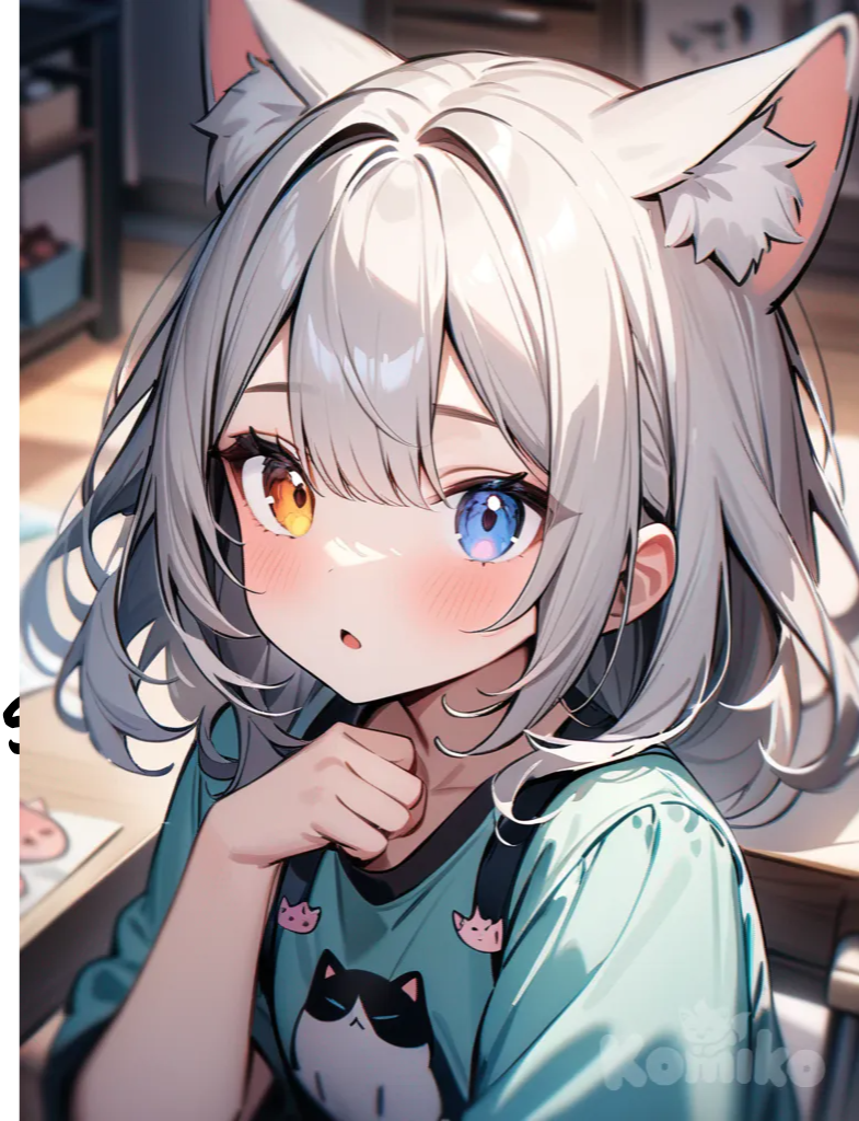 Create a cute, pretty, 1girl, she has to have the look of an artist, heterochromia, cat ears, kawaii