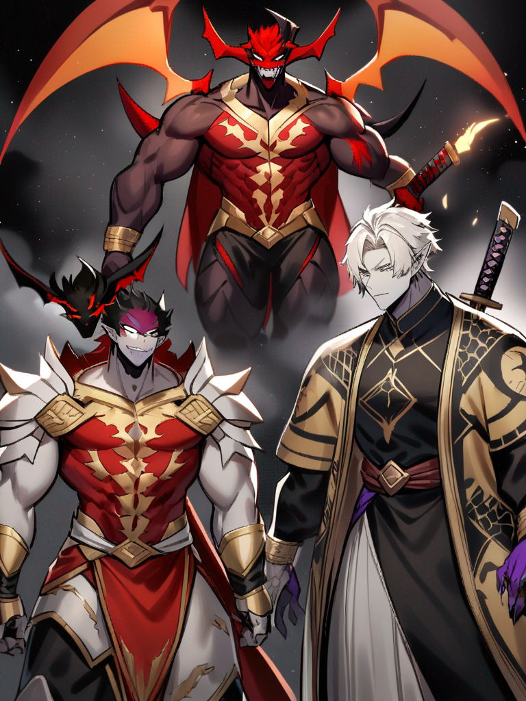 1boy, half demon, dragon hybrid, half human, red black and gold haori, custom multiversal breathing style, custom katana, custom scythe, strong/muscular, multiversal protector, reincarnation of Yoriichi Tsugikuni and Michikatsu Tsugikuni, strongest in the multiverse, 5.7 billion years old but looks like a 16-18 year old, dragon ears twitching, dragon tail wagging, arms covered in red-black scales, claws/nails are red, legs covered in red-black scales, toenails are red, red scales on dragon ears, red-black scales on dragon wings, white dragon teeth/fangs, black dragon horns with red tips, red-orange crimson dragon eyes, single character, upper body, looking at viewer, anime style, simple background, white background