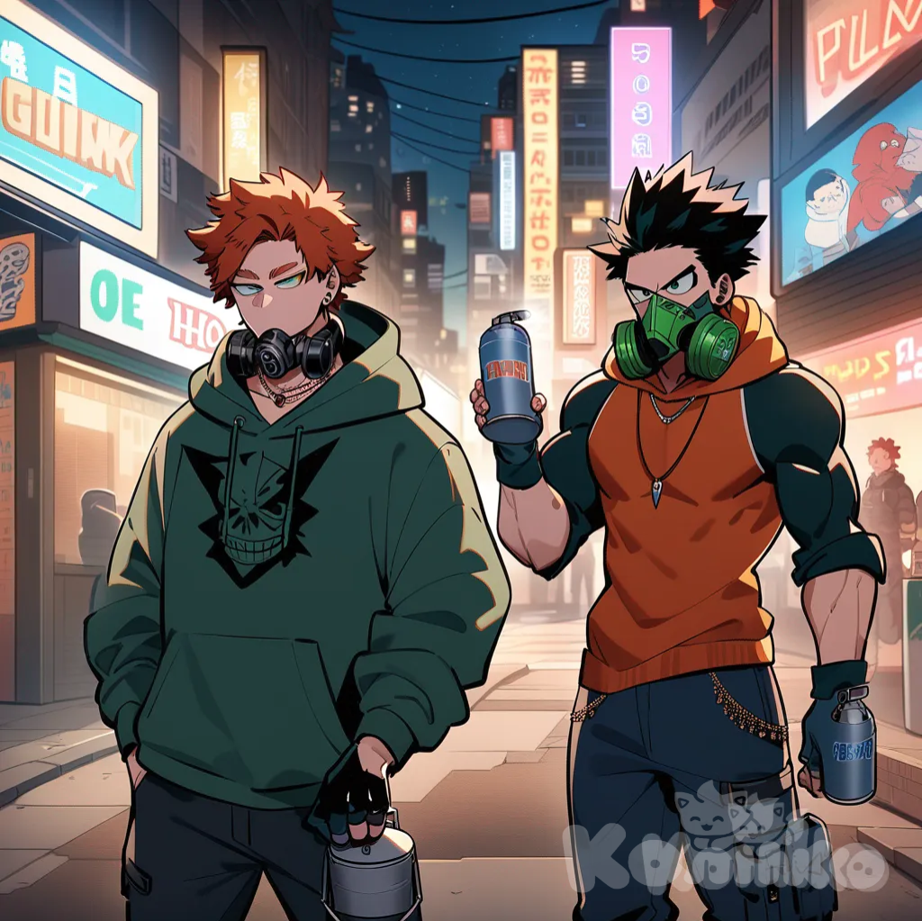 Male, my hero academia style, long ginger hair, swoop side hair, muscular, tall, scar, pail skin, green eyes, dark green punk hoodie, necklaces, dark blue knuckle gloves, dark blue cargo pants, headphones around neck, earrings, spray paint can in hand, respirator on neck, blinking, background a city at night, neon lights