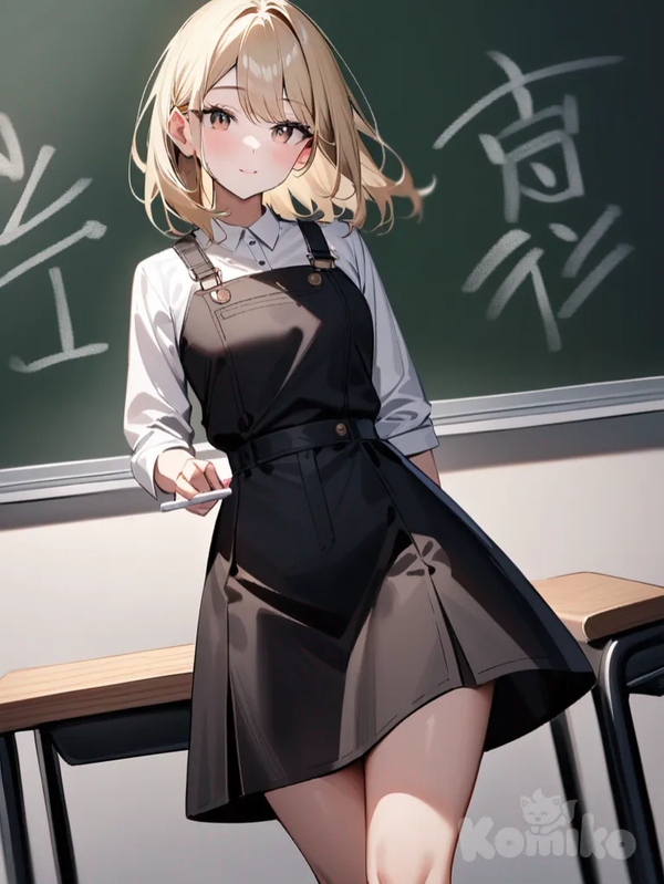 A beautiful, elegant, and stylish young blonde woman stands in front of a blackboard. She is wearing a black miniskirt and classic high heels. She is seen standing, facing the camera, next to a desk. The blackboard behind it is partially visible, with chalk inscriptions adding depth to the scene. The overall atmosphere is refined and welcoming, showcasing the teacher's confidence and grace. The background enhances the woman's silhouette. Her hair is straight and well-defined, with soft musical notes and the name "Luis Arcy" gently floating around her feet, adding a touch of artistic charm to the vibrant scene.