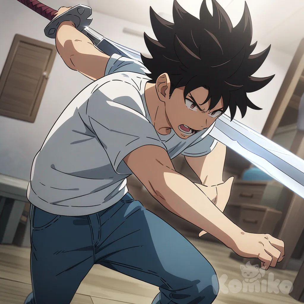 DnD dragon fighting, 1boy, holding sword, anime coloring, t-shirt, jeans, spiky hair