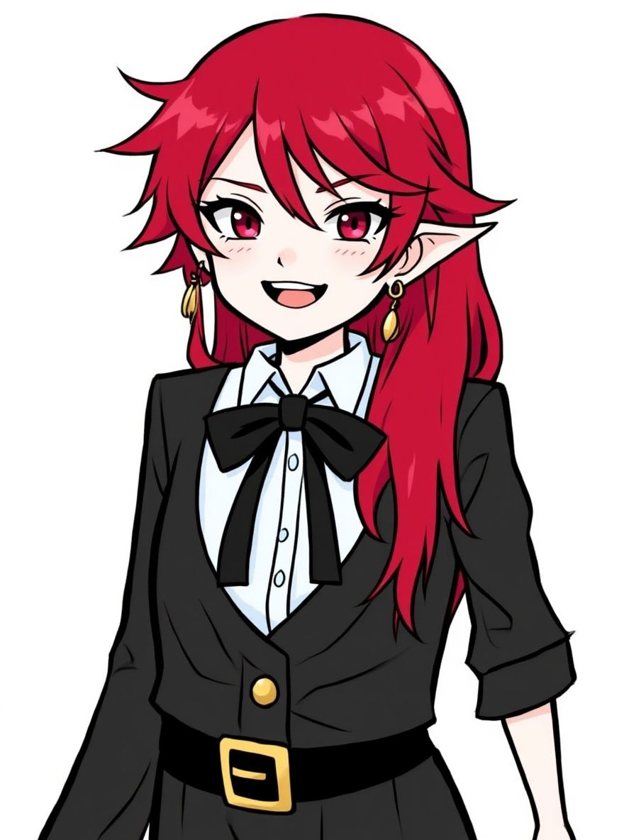 1girl, One Piece style, original character, vampire, mature, curvy, red hair, mullet, pale skin, One Piece pirate style outfit single character, upper body , looking at viewer, anime style, simple background, white background