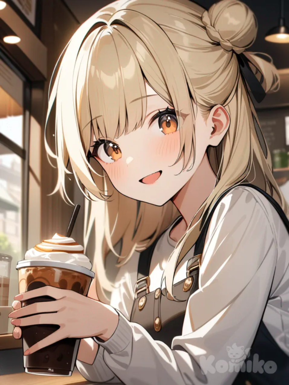 1girl, 18 year old, holding cup, smile, cafe, bun, blonde hair, hazel eyes, curtain bangs