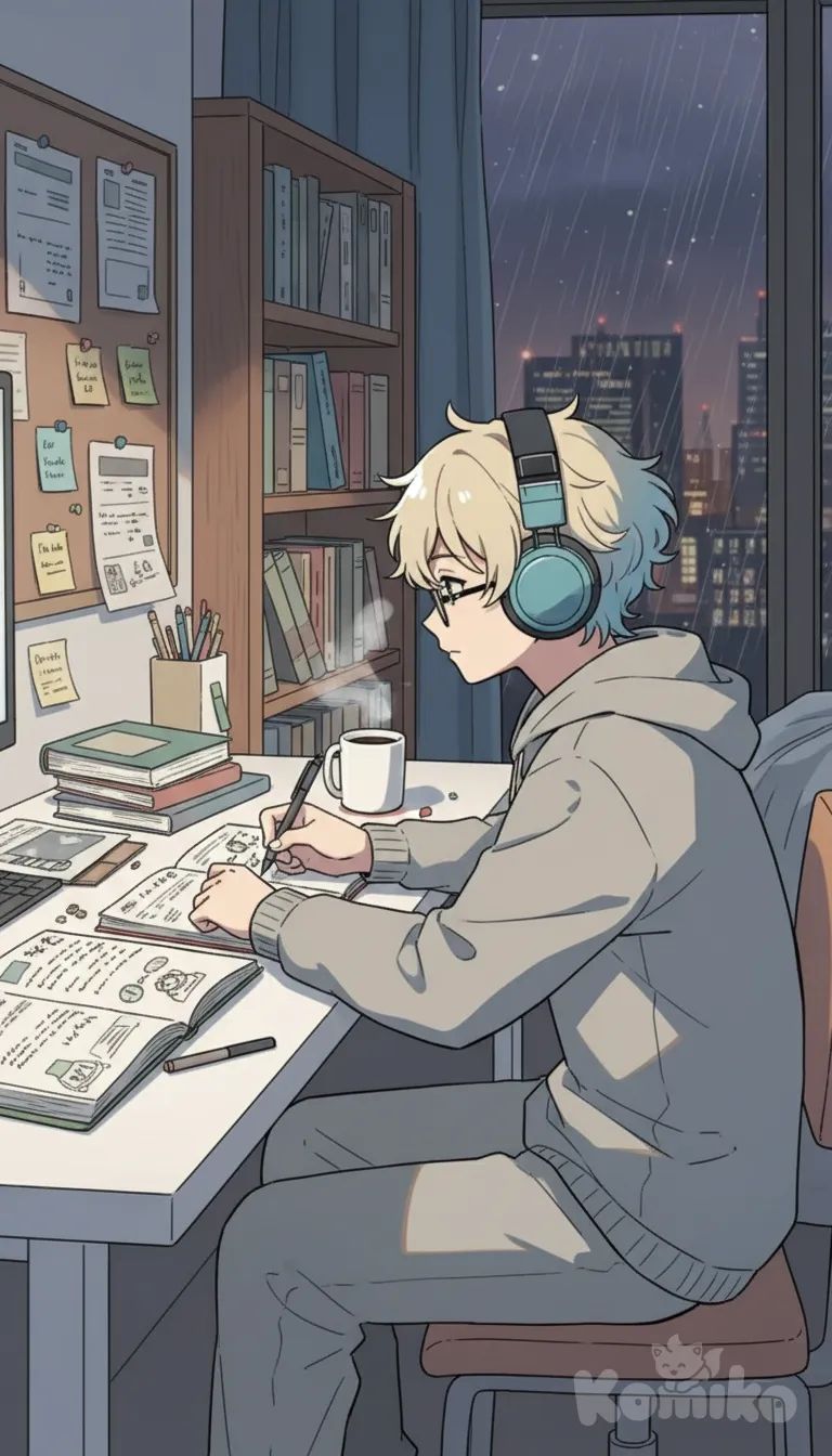 Anime-style cozy lofi illustration, strict side profile left view only. 
Young male student with fluffy ash-blonde hair fading to light blue tips, wearing round glasses and large headphones. 
Outfit: casual light gray hoodie. 
He sits at a white student desk cluttered with notebooks, textbooks, pens, sticky notes, and a steaming coffee mug. 
Background: modern cozy condo bedroom with bookshelf, cork board, and a large window showing a rainy night cityscape. 
Lighting: neutral white (not yellow), clean and realistic. 
Mood: calm, cozy, realistic lofi study vibe. 
Aspect ratio 16:9., Genshin Impact style, 1boy