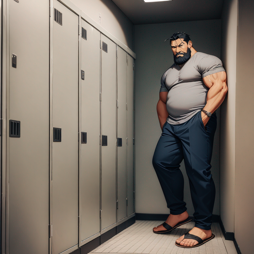fullmetal alchemist, Sig Curtis, chubby, black bearded, wearing his Gray shirt, Navy-blue pants, wearing his Tan sandals, standing in the locker room, he sits down against the wall, looking at viewer