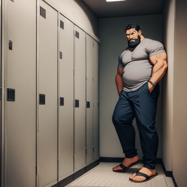 fullmetal alchemist, Sig Curtis, chubby, black bearded, wearing his Gray shirt, Navy-blue pants, wearing his Tan sandals, standing in the locker room, he sits down against the wall, looking at viewer
