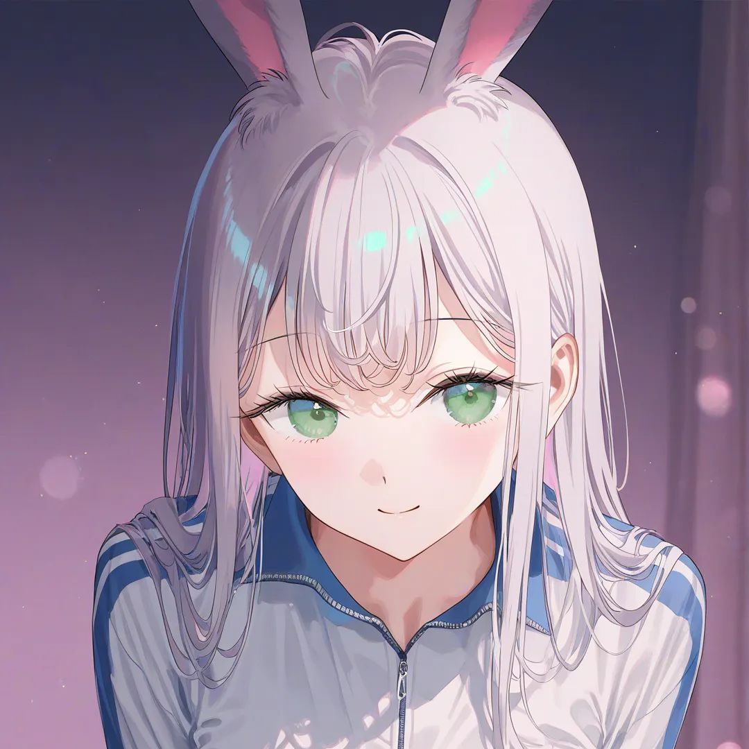 [iridescent-style], 1girl, cat girl, rabbit ears, tracksuit, blush, smile, kneeling on bed, lovely style bedroom, (huge breasts:2.8), long silver hair, blue highlights, green eyes