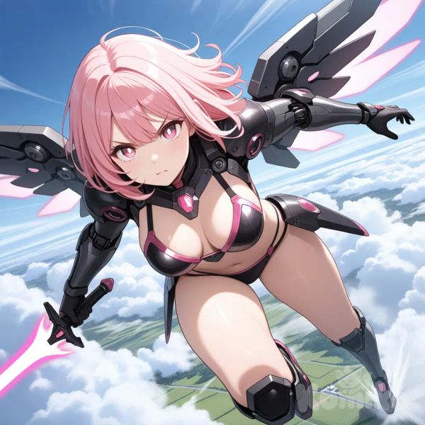 1girl, game cg, pink hair, medium hair, pink eyes, bright pupils, cyborg, bikini armor, medium breasts, breasts, mechanical wings, detached wings, holding sword, energy sword, determined, v-shaped eyebrows, incoming attack, attack trail, blurry foreground, motion blur, perspective, dynamic pose, running, above clouds, outdoors, visible air, battle, looking at viewer, three quarter view, location