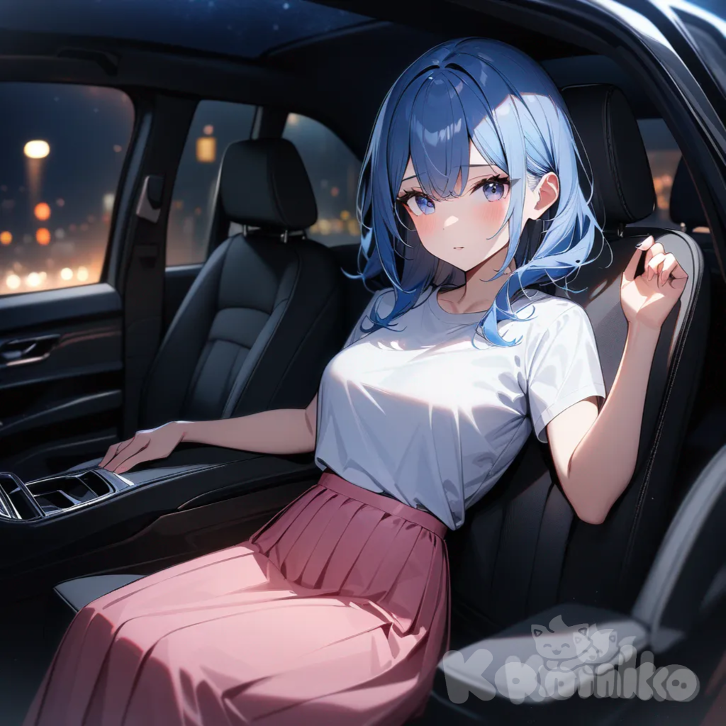 1girl,solo,cowboy shot,blue hair,upper body,car,Sitting in a seat,at midnight,medium breasts,White t-shirt, pink long skirt