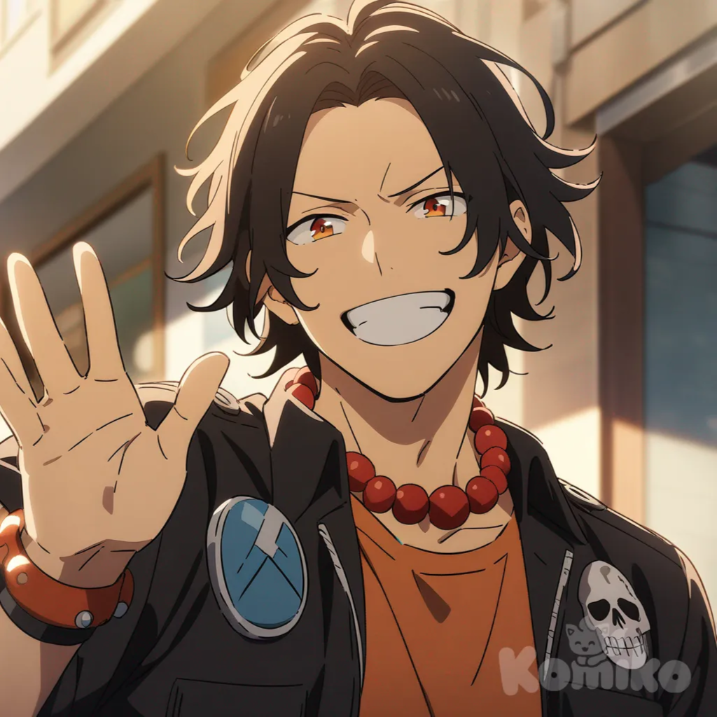 1boy, Portgas D. Ace, anime coloring, waving, looking at viewer, upper body, smile