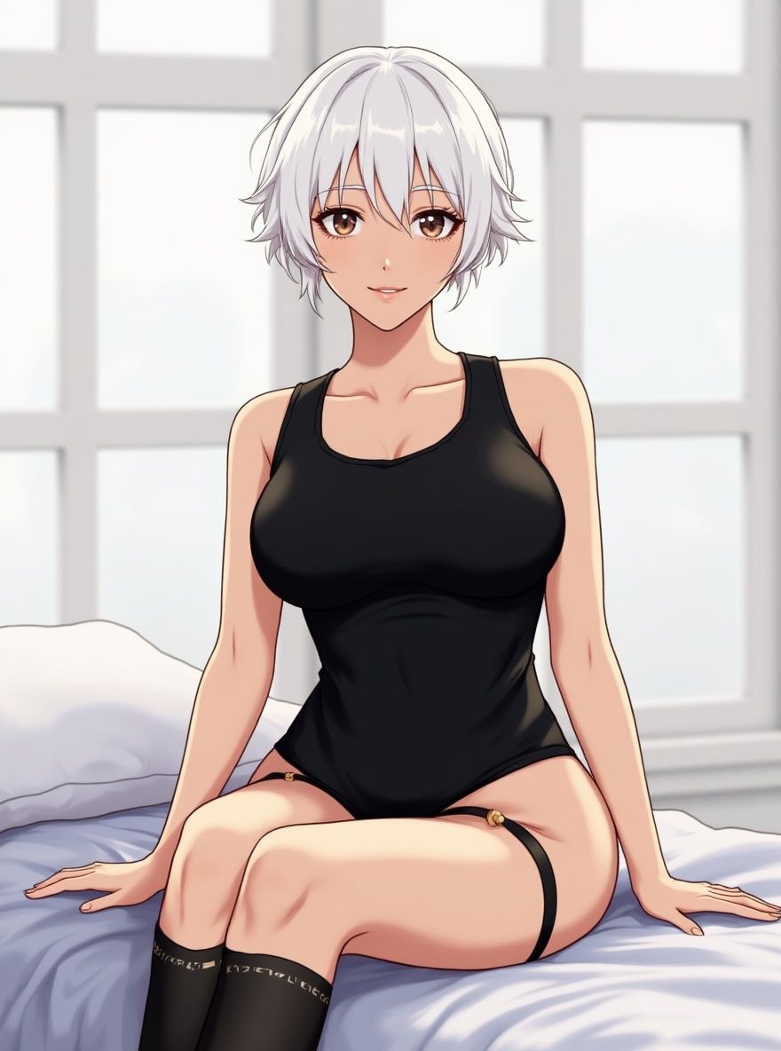 1girl, middle-aged, curvy, ample bust, thick thighs, original character in the world of Jujutsu Kaisen, Jujutsu Kaisen style, white hair, fair skin, wearing black lingerie (non-transparent, tasteful), sitting on bed, modest seated pose, window background, single character, full body, looking at viewer, simple background, white background