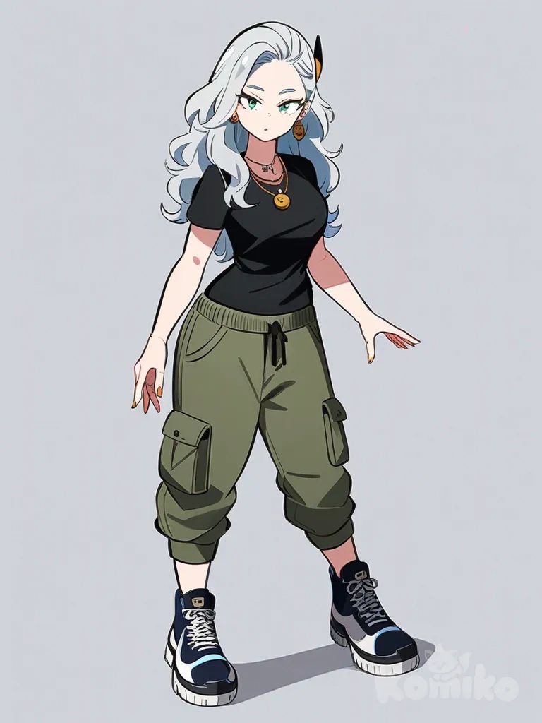 1girl, My Hero Academia style, original character, teenager, curvy, short, slim, blue hair, gray hair, off-white hair, wavy hair, long hair, green eyes, dimple, fair skin, t-shirt, cargo pants, necklace, earrings, hair accessory, single character, full body, looking at viewer, anime style, simple background, white background