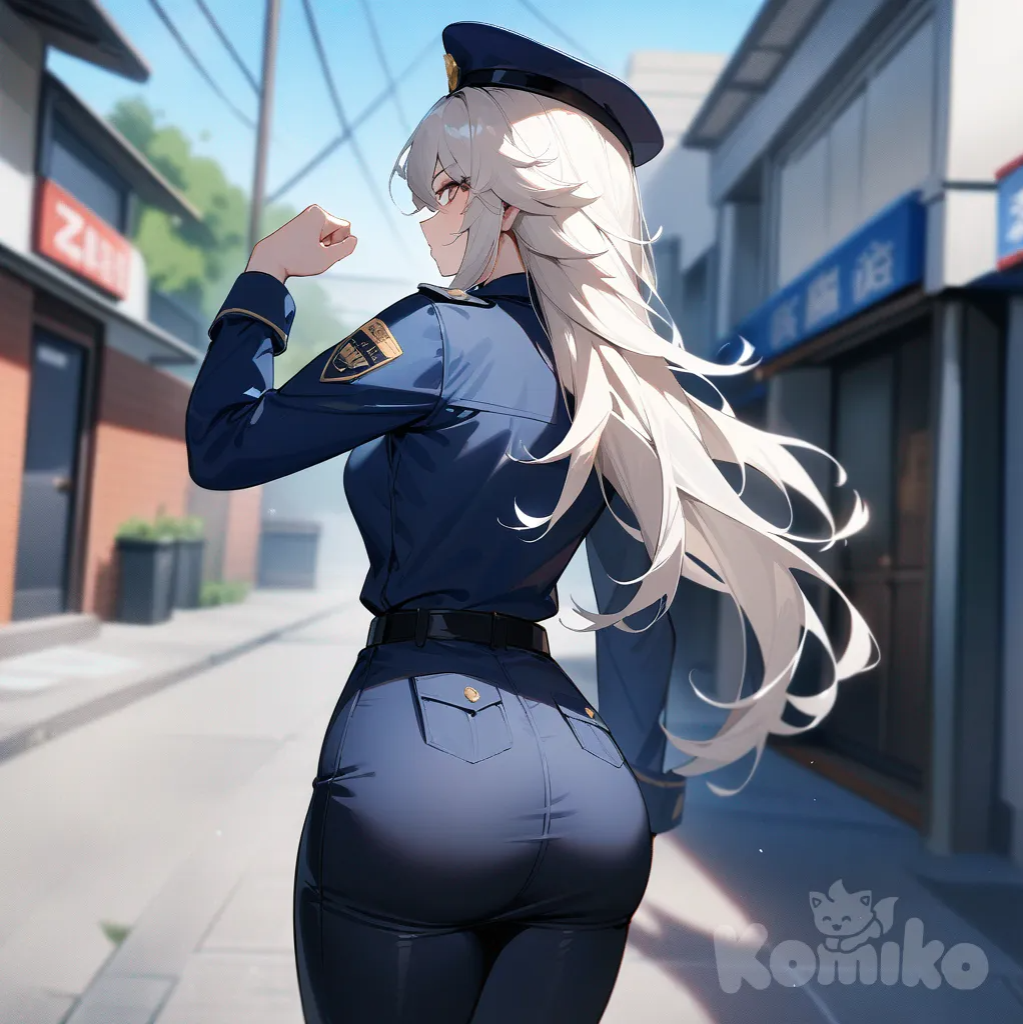 Zhu Yuan, zenless zone zero, police uniform, tight clothes, back view, sexy pose, police station background, perspective