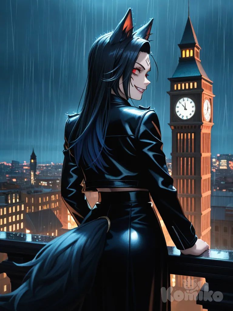 foxgirl , siren eyes serious and fluffy light black tail, black fox ears , dark colors, Jinx (League Of Legends), punk looking at viewer, (eyes color), Toga Himiko (hair style), 1girl, anime coloring, 3d model, minimalist color palette, cinematic lighting, night, evil , evil smile, leather jacket, evening dress, navy blue, looking back, red eyes, long hair, black hair, rainy, cityscape, clock tower, gradient background, Ryoumen Sukuna (Jujutsu Kaisen), Neferpitou