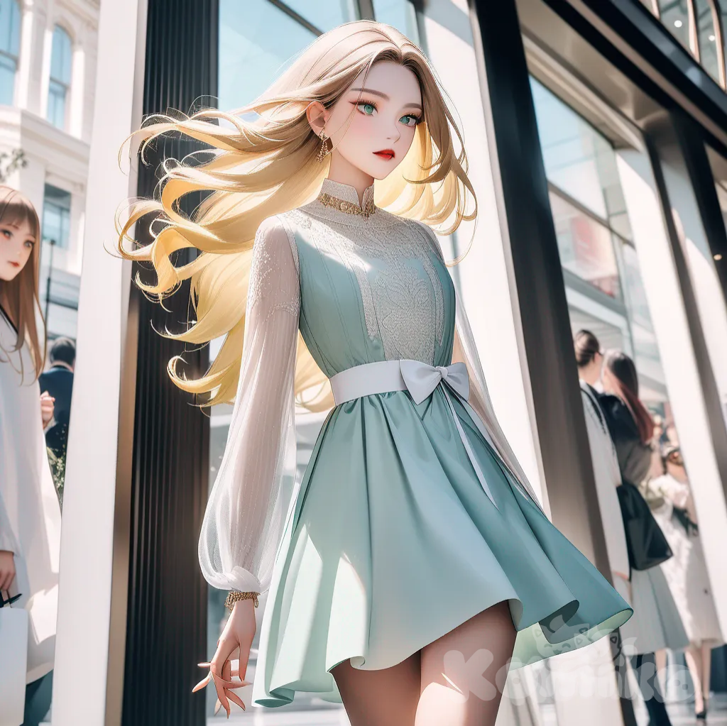 A photograph depicting a strikingly beautiful young woman with flowing golden hair, luminous pale green eyes, and luscious crimson lips, styled in the fashion of a Vogue editorial. She is elegantly attired in a pristine white miniskirt embellished with intricate detailing and a sky-blue blouse, set against the backdrop of a bustling, modern shopping mall suffused with warm, inviting light. At her feet, a delicate arrangement of musical notes gracefully interlaces with the inscription "Luis Arcy," presented within a shallow depth of field that highlights her serene and captivating expression, evoking a gentle, dreamlike ambiance. The scene is bathed in a warm, golden glow, adding to the overall vibrant and stylish atmosphere.