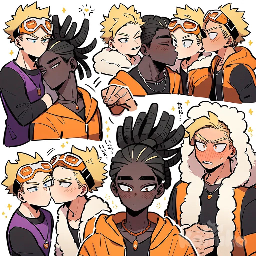Kissing, 2male, my hero academia style, male 1, teenager, tall, athletic, muscular, dark black skin, blond hair, long hair, dreadlocks, ponytail, orange punk jacket with fluffy hood, necklace, brackets, orange punk goggles on head, eyes closed, blushing, male2, teenager, tall, athletic, short hair, blond hair, off white skin, shocked, blushing, black tank top, necklace, background locker room, day