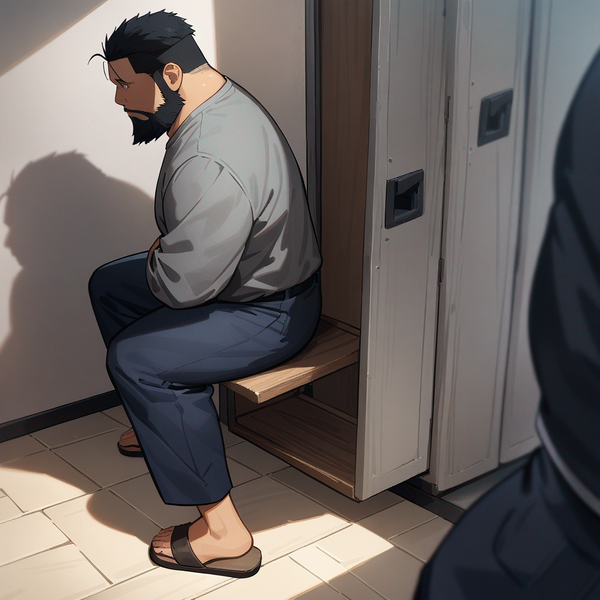 fullmetal alchemist, Sig Curtis, chubby, black bearded, wearing his Gray shirt, Navy-blue pants, wearing his Tan sandals, standing in the locker room, he sits down against the wall