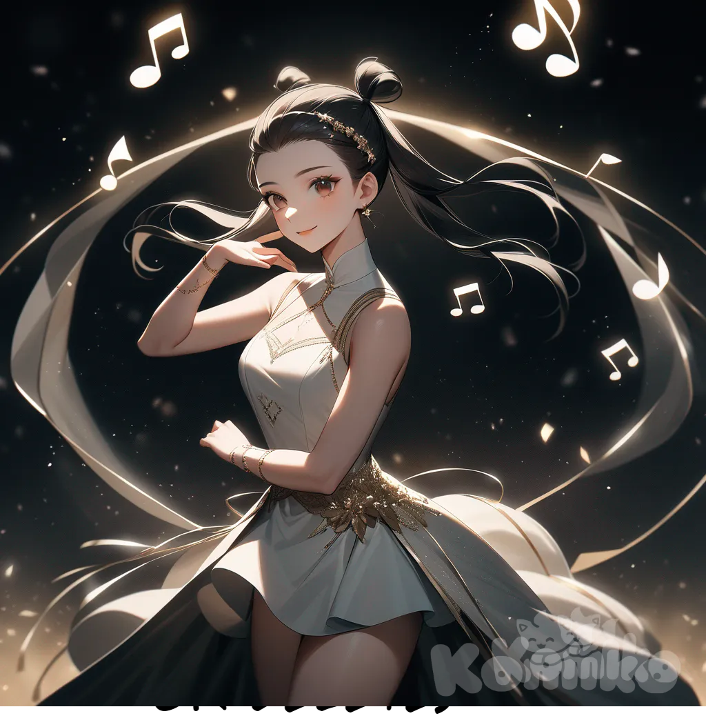 The photo depicts a full-length athletic young woman with long, vibrant black hair pulled back in pigtails, tied with sparkly ribbons. Her brown eyes radiate confidence with a radiant smile, set against a background of deep twilight tones. She elegantly rocks a sexy and enchanting high-neck white minidress adorned with delicate musical notes, accentuated by a simple headband and subtle makeup, all bathed in warm ambient lighting that highlights the textures of her dress and hair. The text "Luis Arcy" flows gracefully around her, adding an ethereal quality to her presence, while the background features Japanese graffiti that reads "The Girl from Arcy." The composition uses a shallow depth of field, focusing sharply on the woman dominated by golds, ambers, and deep purples, further emphasizing the dreamlike and captivating nature of the scene.