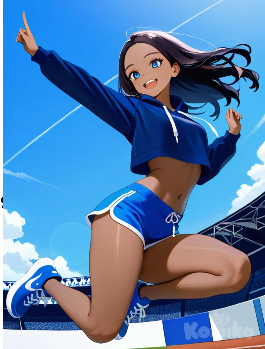 dark-skinned female, young woman, dark flowing hair, short shorts, crop-top hoodie, thick thighs, jumping, past finish line, body turned away