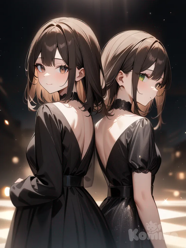 two girls, tall, dark brown medium leangth hair, sparkly black gown, green eyes, medium hight, medium brown hair, brown eyes, sparkly black gown, facing back to back, smililng