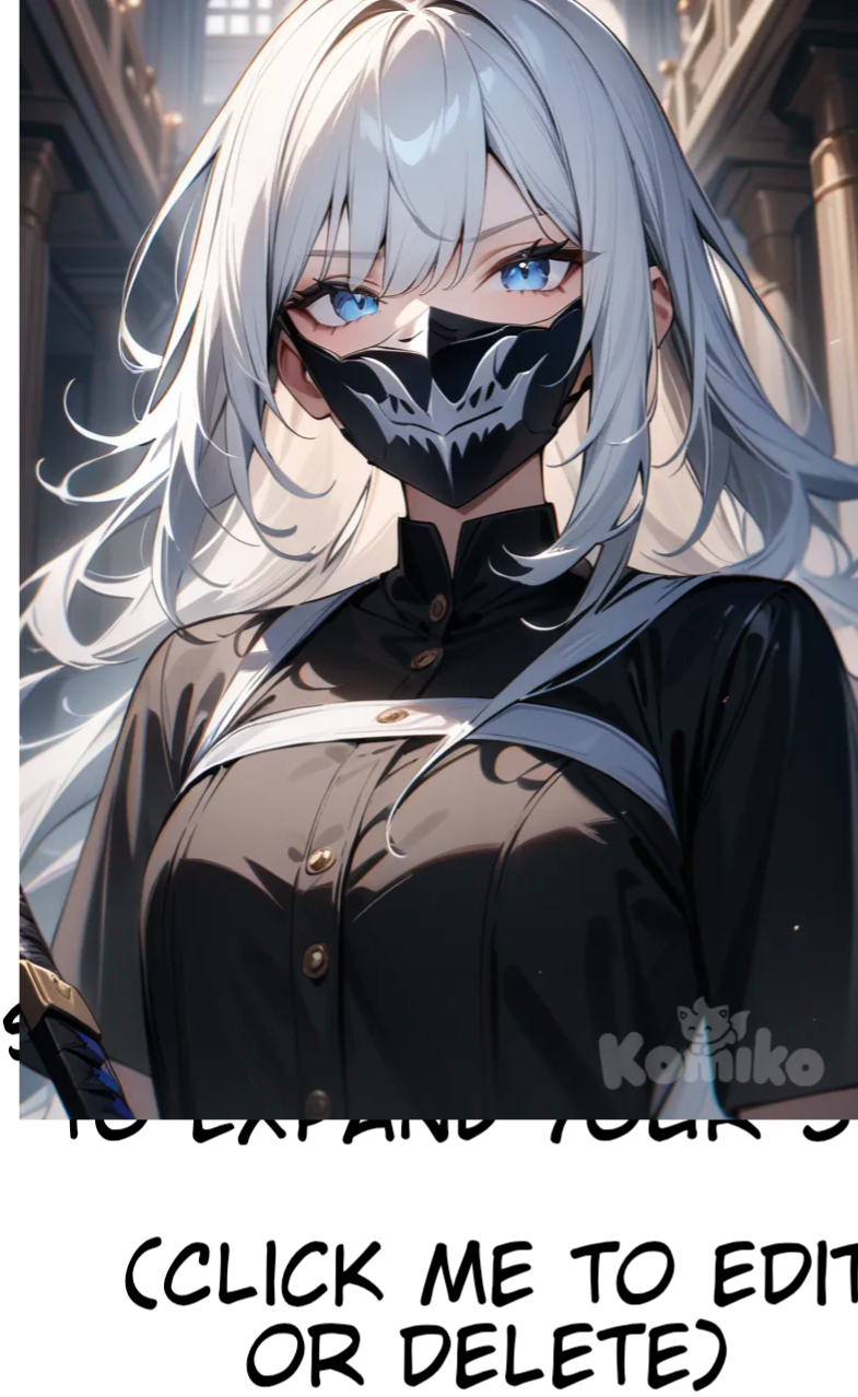 Female character with white hair, blue eyes, black clothes, a katana, and a mask