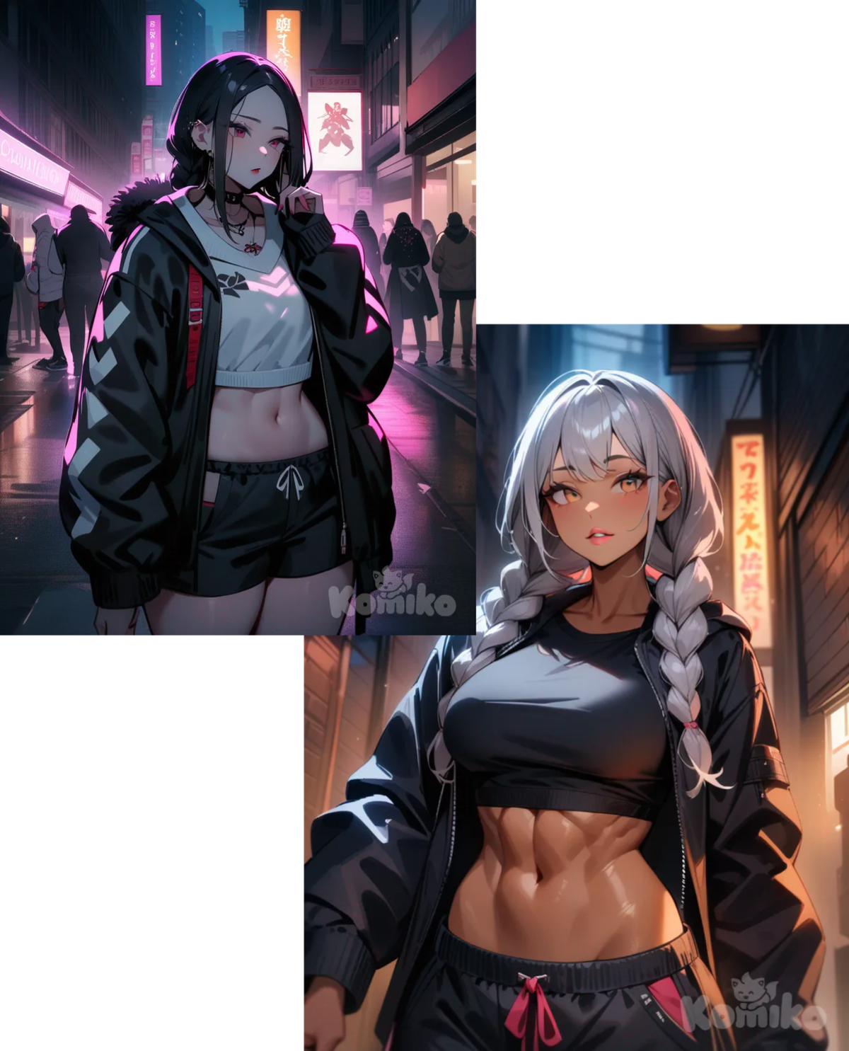 Chica, piel oscura, trenzas, cabello gris, labios grandes, labios rosas, ropa holgada, chaqueta abierta, top negro, abdomen marcado, pantalones acampanados, en un callejón urbano con letrero de luces neon de fondo