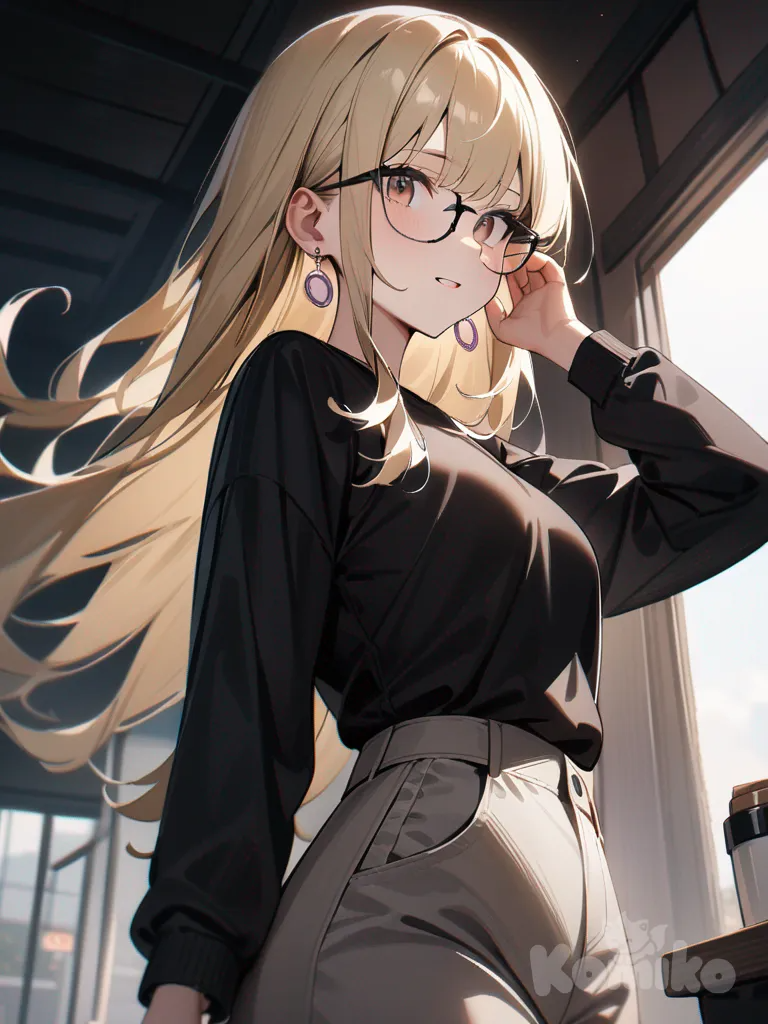 1 girl blonde hair , hazel eyes, black long sleeve shirt, light pants, and brown purple glasses, and cilver circle earings