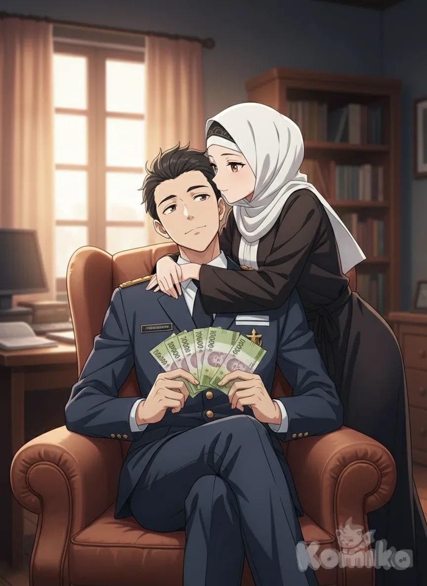 <pejabat-E6zf>sitting daydreaming while holding 3 million rupiah notes, <istri-oejabat-oK35>hugging the first character from behind while talking from behind
