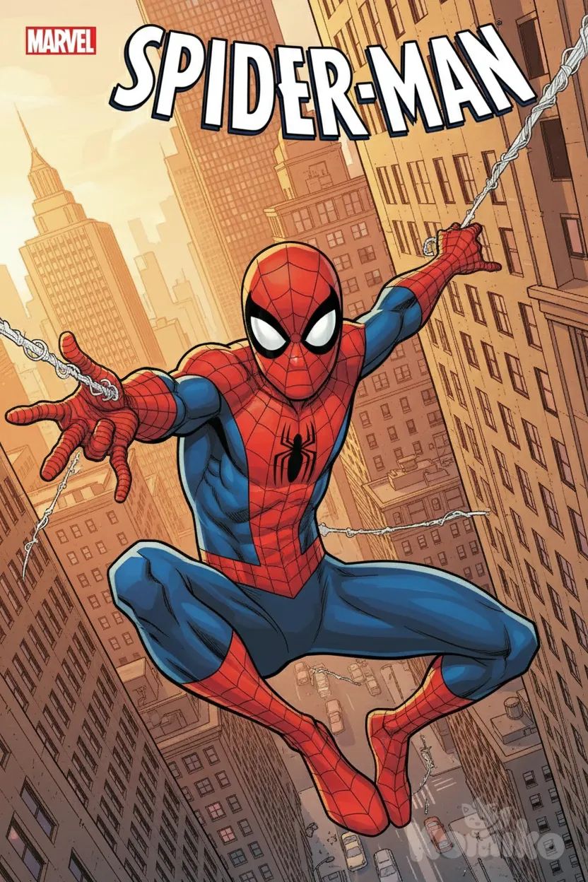 1boy, Peter Parker (Marvel), swinging through the city with skyscrapers in the background, dynamic action style