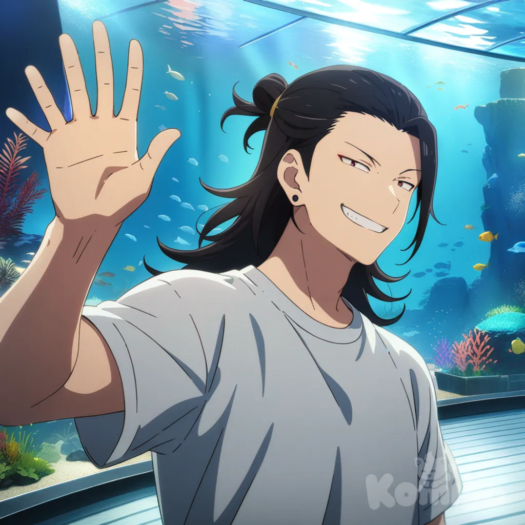 1boy, Getou Suguru, anime coloring, waving, smirk, t-shirt, jeans, upper body, aquarium