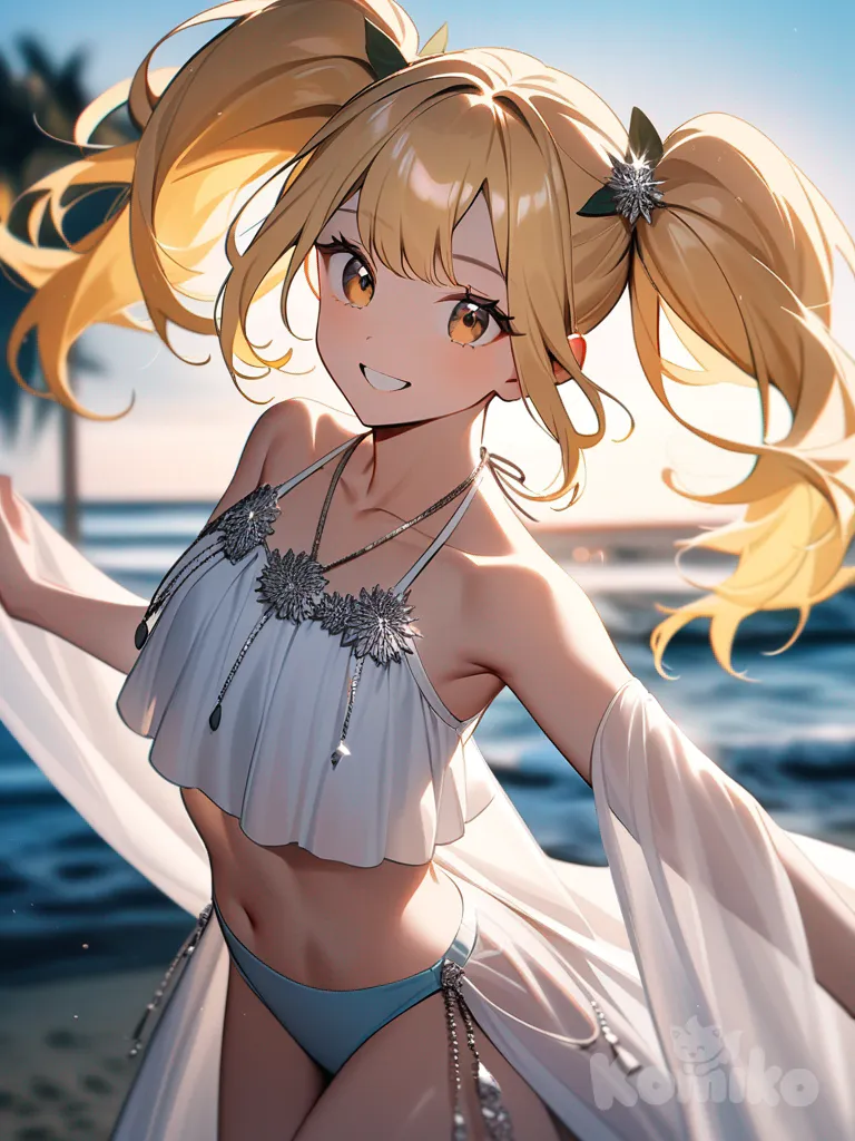 "A photograph captures a full-length view of a young, athletic woman with long, vibrant blonde hair styled in playful pigtails, her confident brown eyes sparkling with a radiant smile, reminiscent of a Kpop model; a vintage-inspired fantasy environment softly frames her silhouette. She is gracefully posed in a cool, long boho summer swimsuit intricately embellished with silver details, while delicate musical notes and the name "Luis Arcy" subtly float around her feet, bathed in a warm, enchanting glow. The background features a sun-drenched, overgrown garden with antique stone statues and blossoming vines, creating a captivating and ethereal atmosphere, all rendered in a soft, golden light."