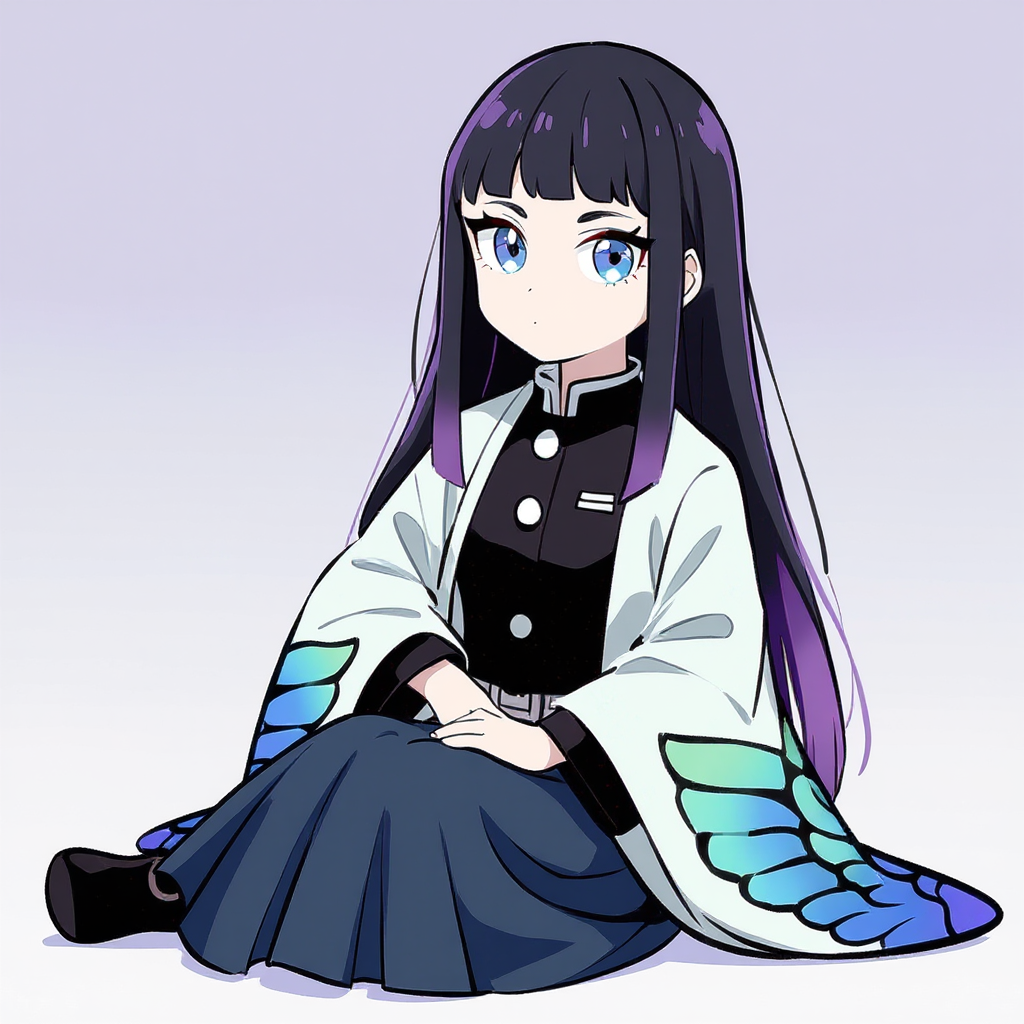 <tomioka-shiyuu-dntq>, chibi, sitting on the ground, head tilt, smile