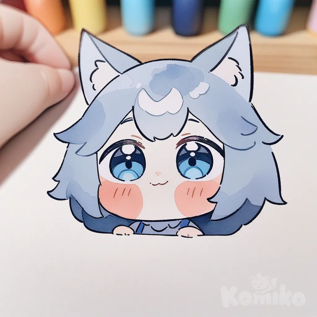 Whisper The Wolf,chibi, big head, small body, large eyes, blush, simple lines, bright colors, simple colors, cute, watercolor, oil-pasto style, anime coloring