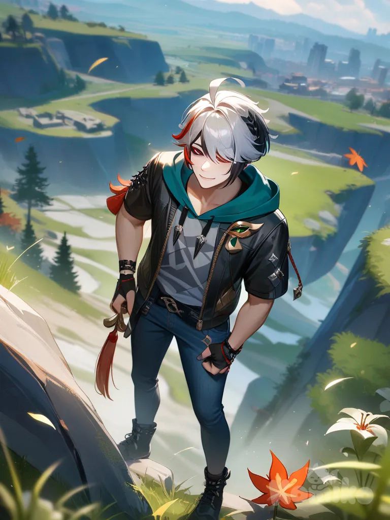 1boy, Scaramouche (Genshin Impact), Kaedehara Kazuha, Arlecchino (Genshin Impact), Alhaitham (Genshin Impact), realistic, smile, punk , jeans, headband, full body, singing, cityscape, grassland, hoodie